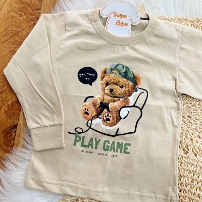 Conj. Blusa Manga Longa Ursinho Play Game e Calça Saruel de Moletinho - Areia e Verde